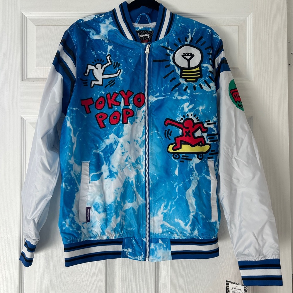 Keith Haring Vibrant Blue and White Graphic Bomber Jacket